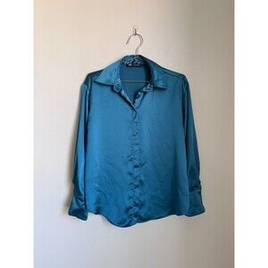 Zara Satin Button Down Blouse in Turquoise Size MEDIUM